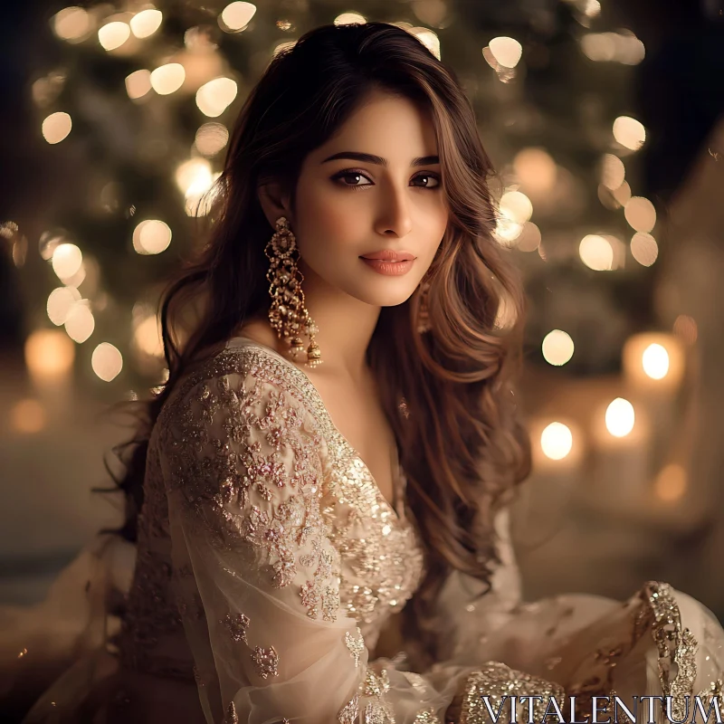 Serene Beauty in Golden Embroidery