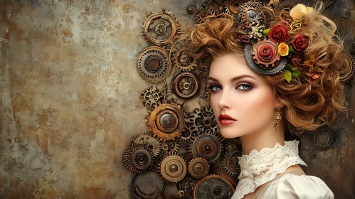 Vintage Steampunk Woman with Floral Gear Hairstyle