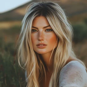 Serene Blonde Woman with Freckles in an Outdoor Setting