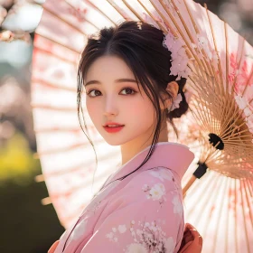 Elegant Woman in Kimono with Traditional Parasol