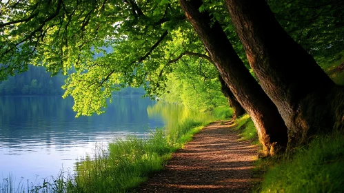 Tranquil Pathway Along a Riverside with Greenery