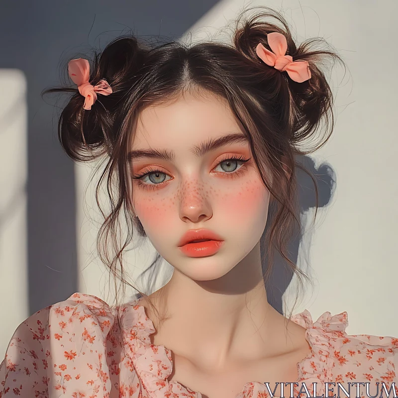 Freckled Girl with Hair Buns and Floral Dress Freckled Girl with Hair Buns and Floral Dress