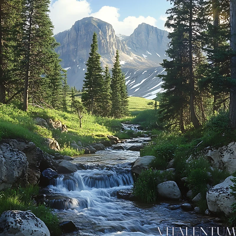 Serene Forest River Landscape with Majestic Mountains Serene Forest River Landscape with Majestic Mountains