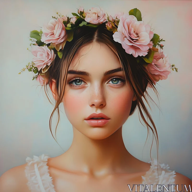 Elegant Female Portrait with Pink Rose Crown Elegant Female Portrait with Pink Rose Crown