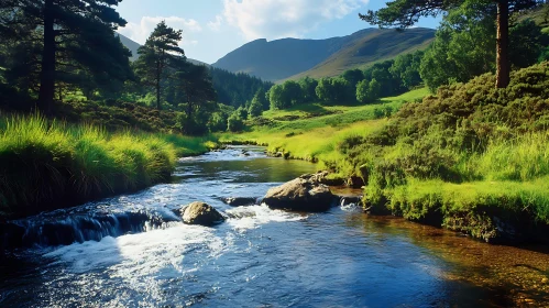 Tranquil River Landscape with Mountains and Trees