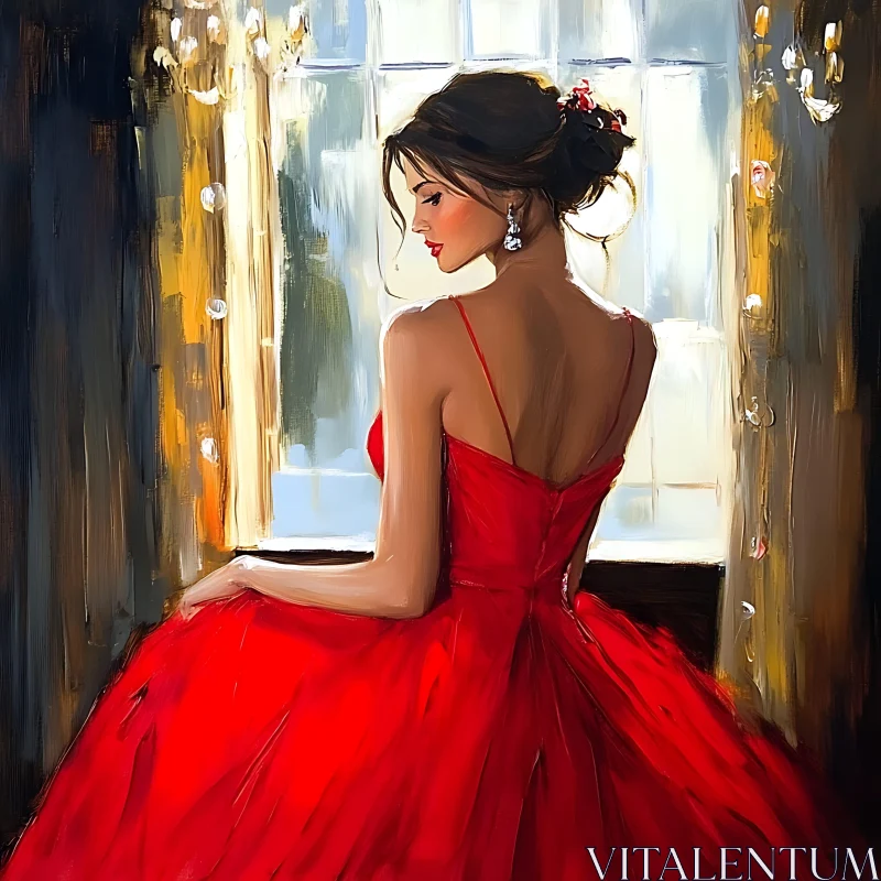 Lady in Red Gown by Softly Lit Window