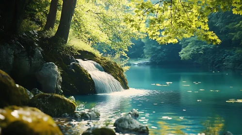 Calm Waterfall and Lake in Lush Greenery