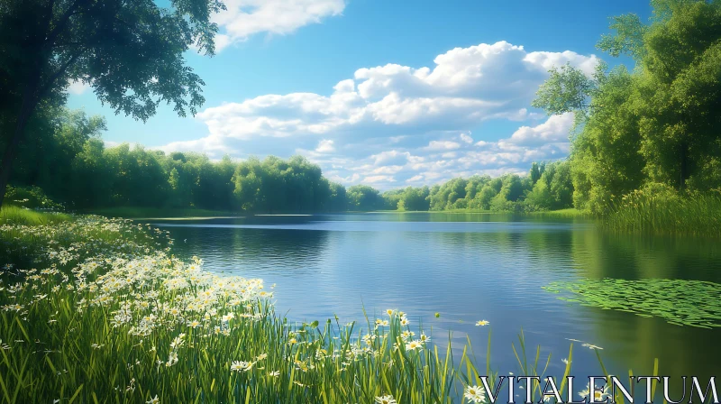 Tranquil Lake with Wildflowers and Trees AI Image