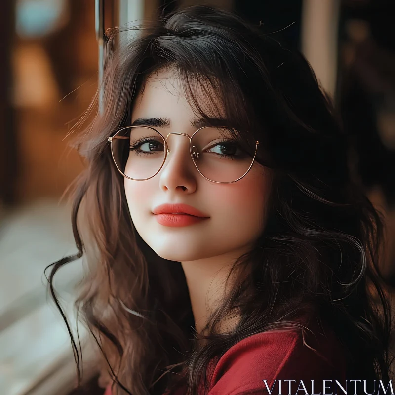 Brunette Woman with Round Glasses in Indoor Setting AI Image