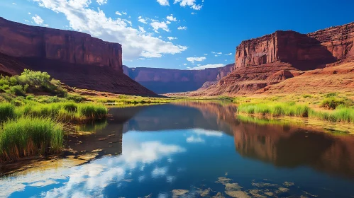 Tranquil Canyon with Reflective Water and Red Rock Cliffs