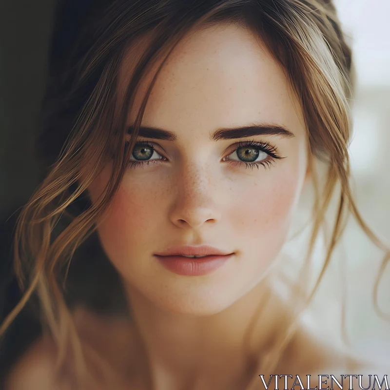 Woman with Green Eyes and Freckles Portrait AI Image