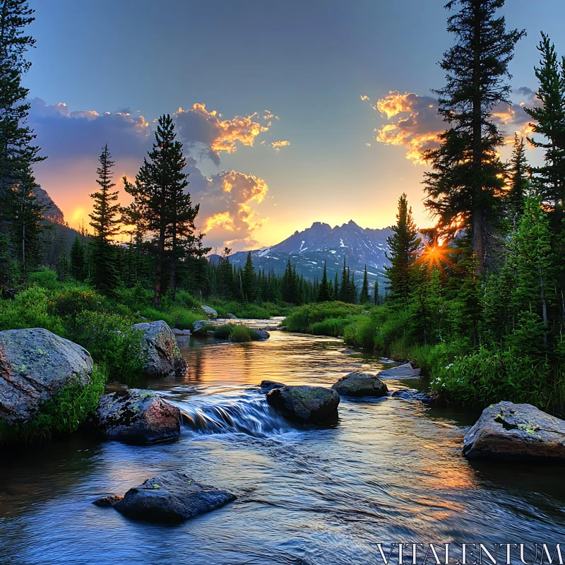 Tranquil River Flowing Through Forest at Dusk AI Image