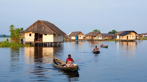 Peaceful Lake Village with Wooden Canoes