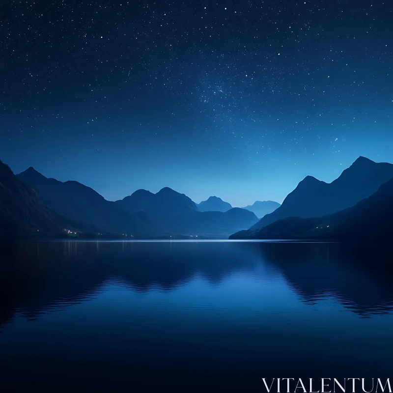 Tranquil Lake at Night with Stars and Mountain Silhouettes AI Image