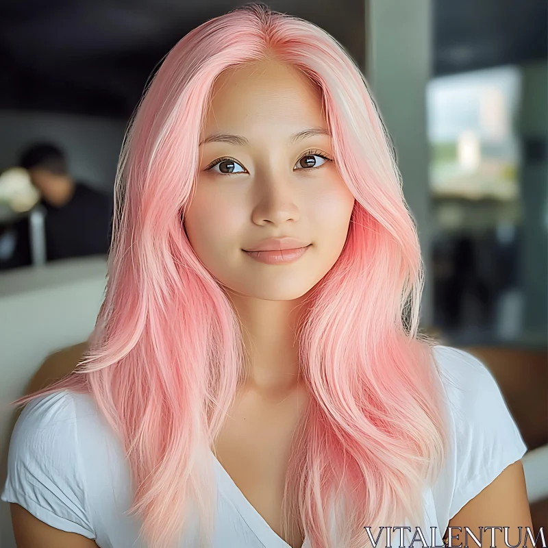 Serene Woman with Pink Hair in Indoor Setting AI Image