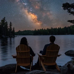 Starry Night Lake View with Silhouetted Trees and Seated Figures