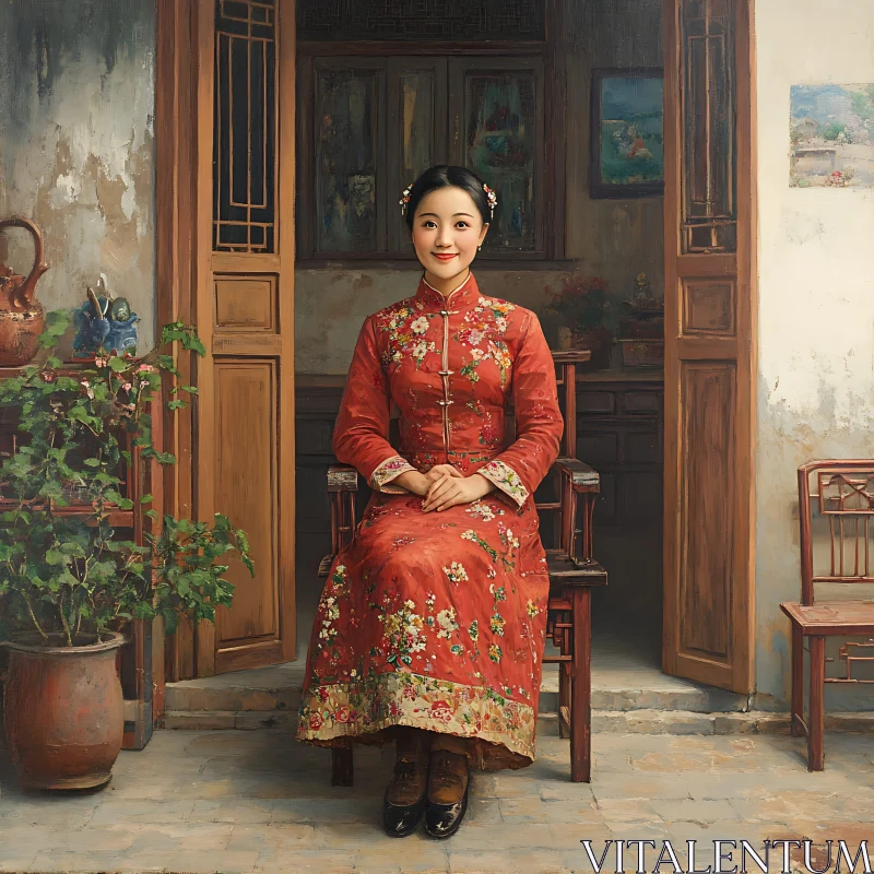 AI ART Vintage Asian Cultural Portrait of Woman in Red