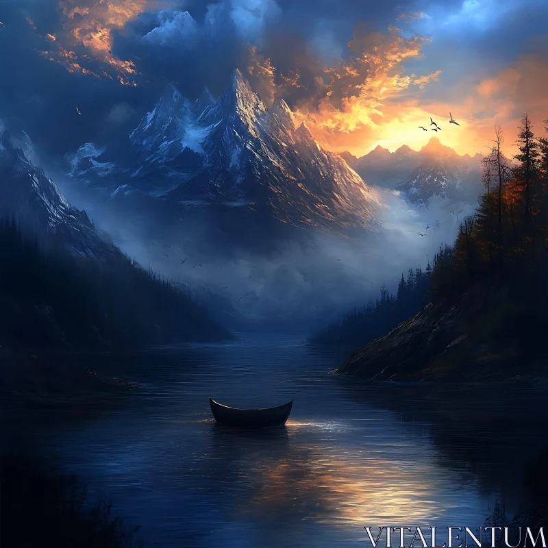 Peaceful Mountain Sunset Scene with Canoe on Lake AI Image