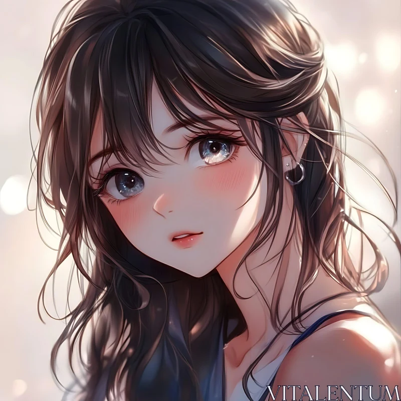 Serene Anime Girl with Dark Wavy Hair AI Image