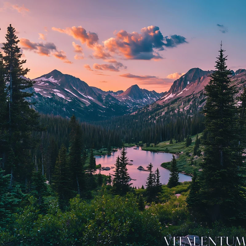 AI ART Mountain Sunset Landscape with Lake and Evergreen Forest