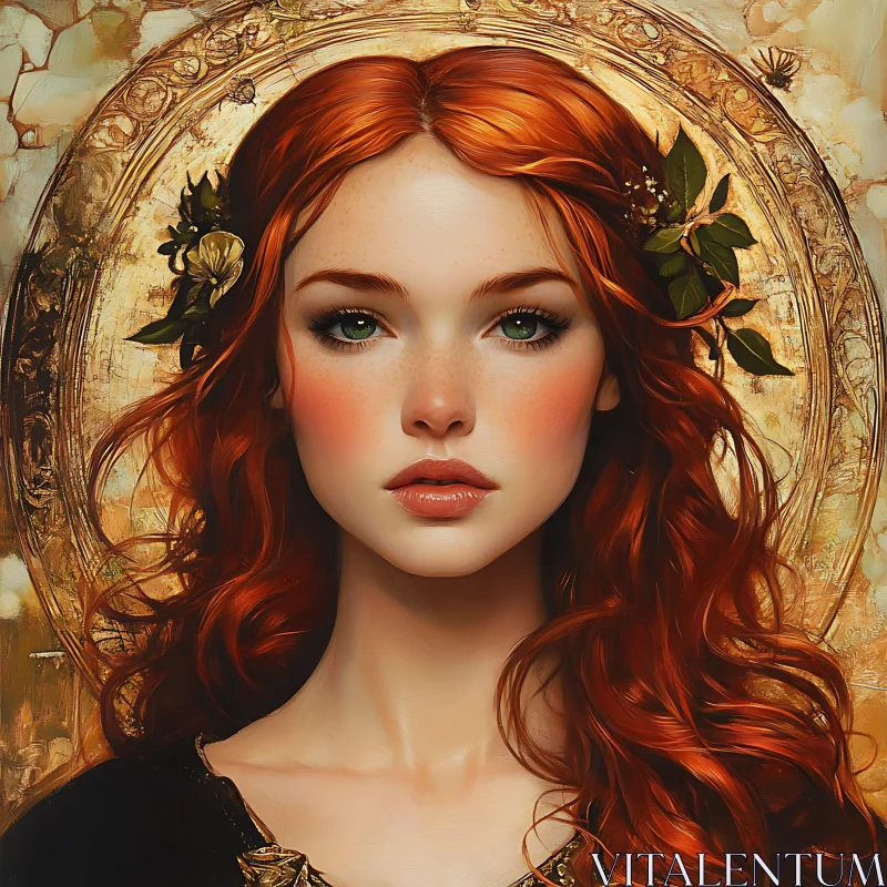 Romantic Portrait of a Green-Eyed Redhead Woman AI Image