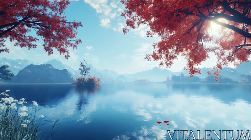 Peaceful Lake View with Autumn Colors and Mountains AI Image