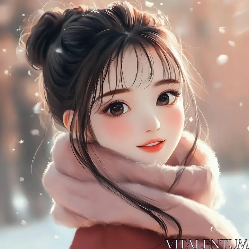 Cute Anime Girl in a Snowy Winter Scene AI Image