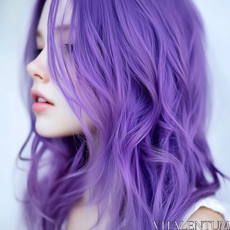 Serene Profile of Woman with Purple Wavy Hair AI Image