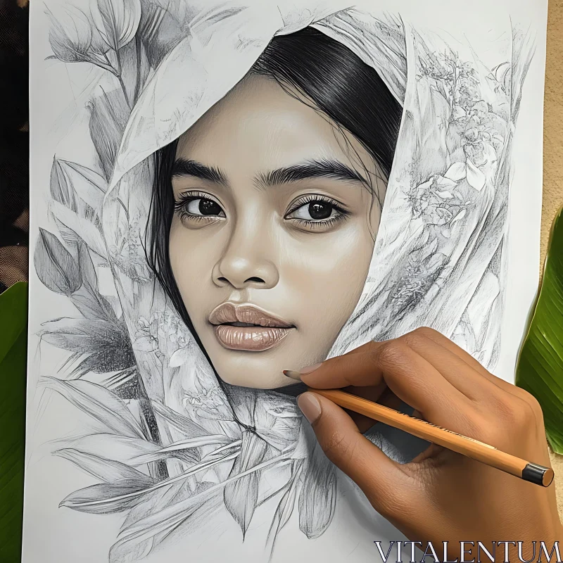 Detailed Woman's Portrait Sketch with Flowers AI Image