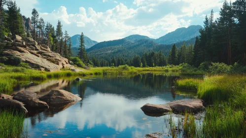 Tranquil Lake in Mountainous Pine Forest