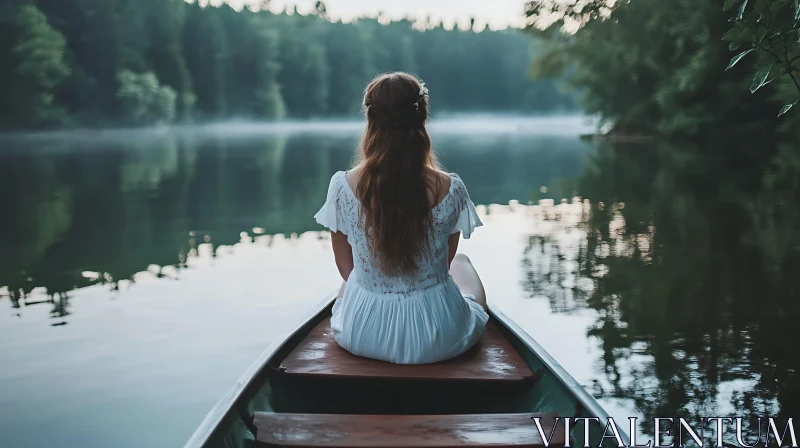 Calm Lake View with Woman in Canoe AI Image