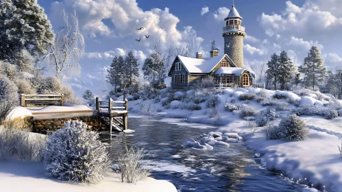 Snow-Covered Lighthouse and Cabin by the River