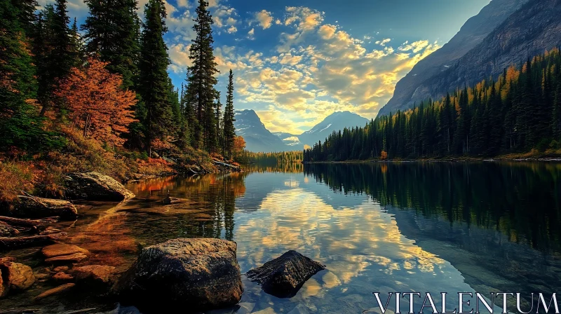 Tranquil Lake Surrounded by Autumnal Trees and Mountains AI Image