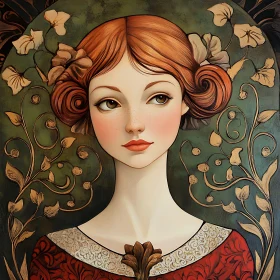 Red-Haired Woman with Floral Backdrop Art Nouveau Style