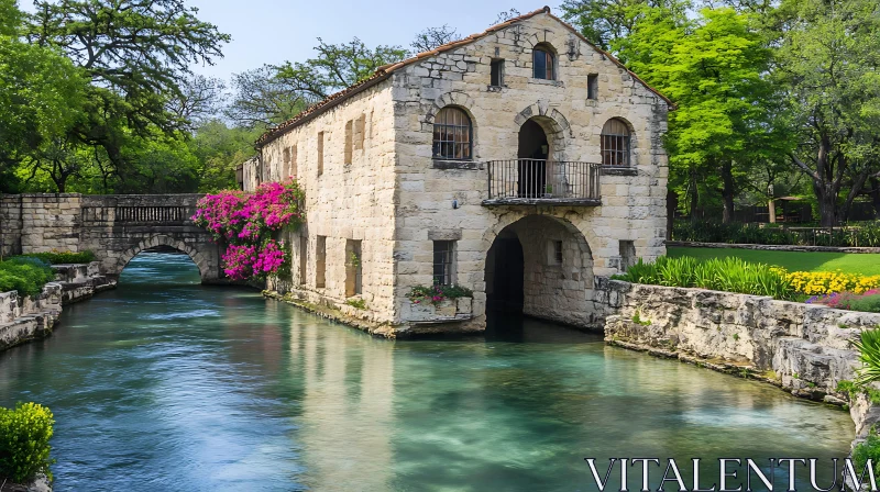 Charming Stone Building by a Tranquil River AI Image