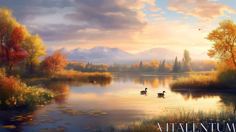 Tranquil Lakeside Sunset with Autumn Colors AI Image