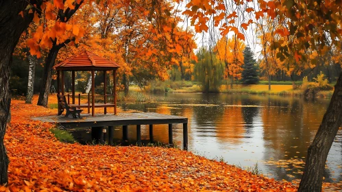 Peaceful Autumn Lakeside with Wooden Pavilion and Fall Foliage