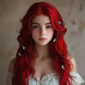 Delicate Young Woman with Red Hair and Freckles