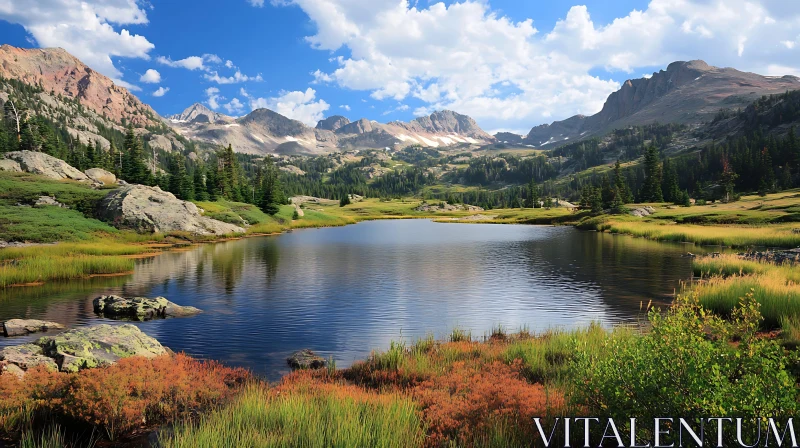 Serene Mountain Lake with Snow-Capped Peaks AI Image