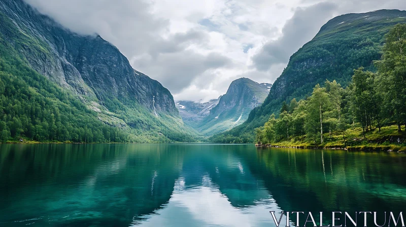 Tranquil Mountain Lake with Lush Greenery AI Image