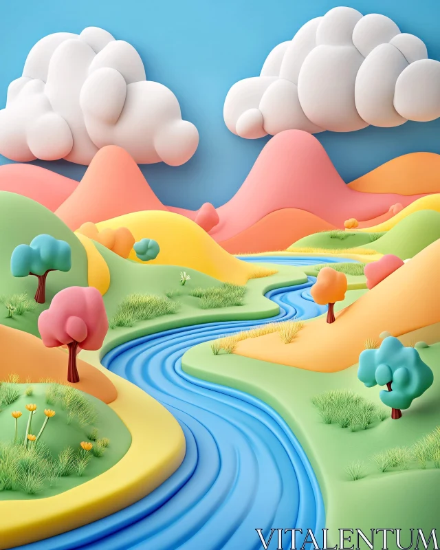 Whimsical Pastel Hills and River Scene AI Image