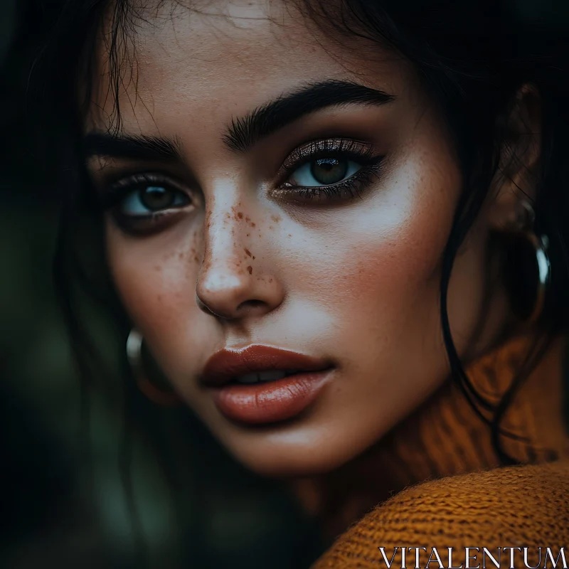 Freckled Beauty in Orange Sweater AI Image