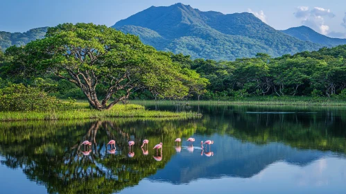 Flamingos by a Tranquil Lake