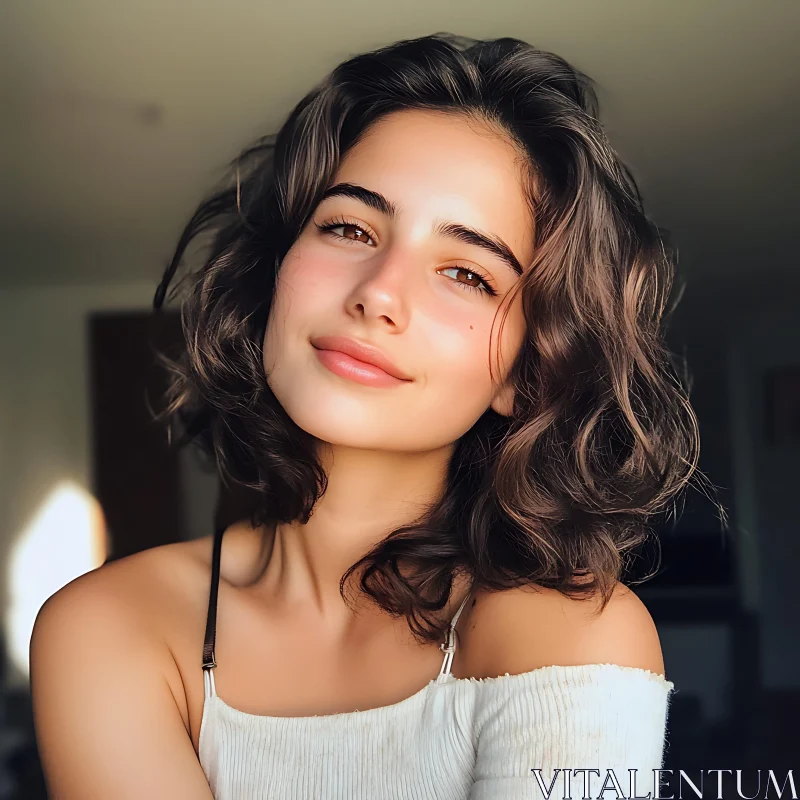 Young Woman with Curly Hair in Natural Light AI Image