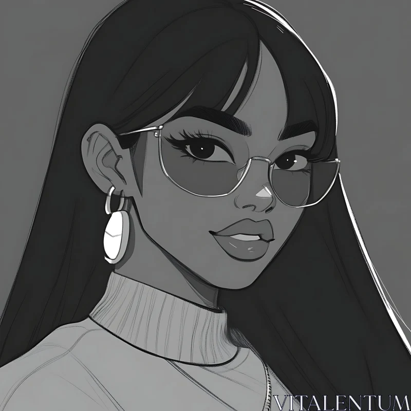 Black and White Woman Sketch with Glasses and Earrings AI Image