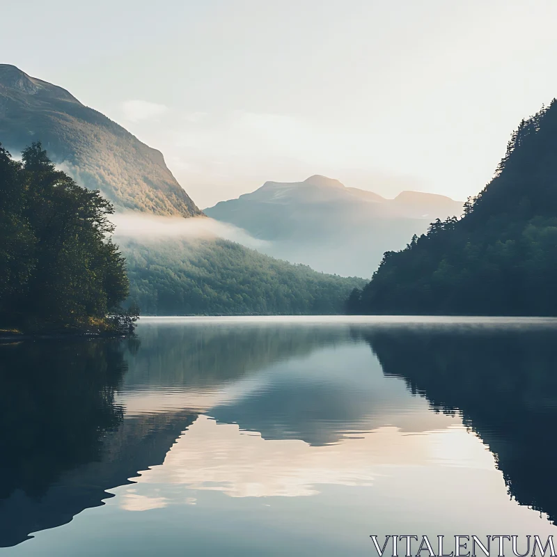 AI ART Tranquil Misty Lake and Mountains