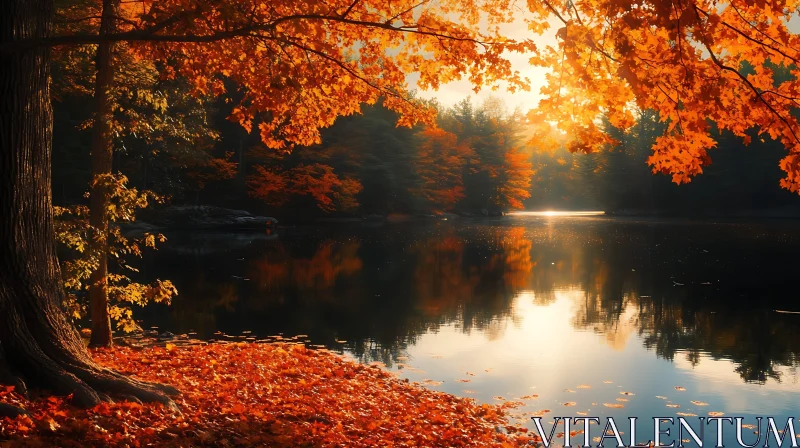 Tranquil Fall Scene with Reflective Lake AI Image