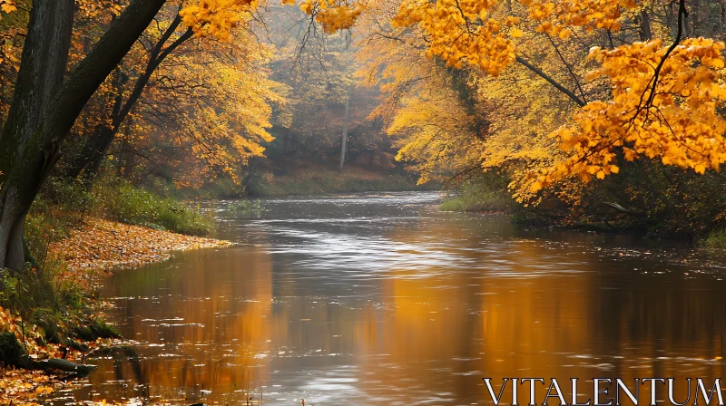 Golden Autumn Leaves Reflecting on a Calm Forest River AI Image