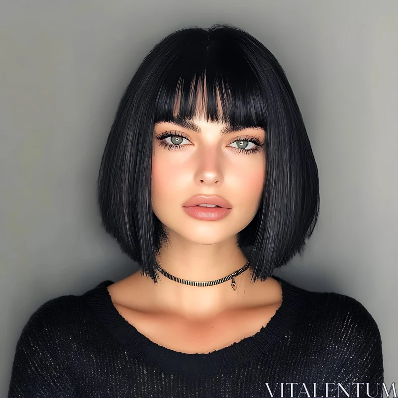 Portrait of a Woman with Black Bob Hairstyle AI Image