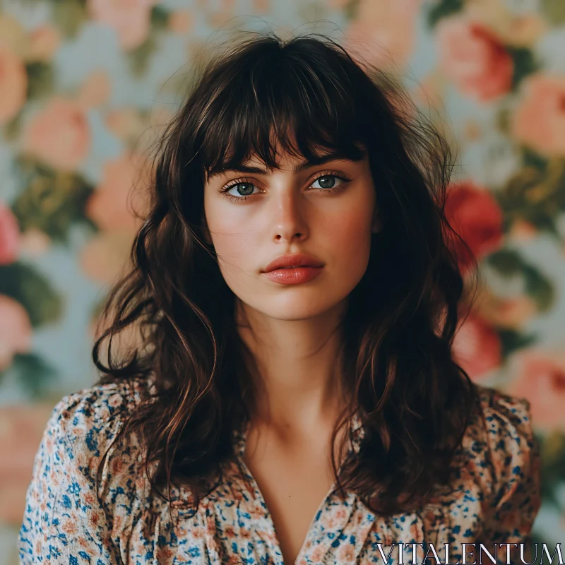 AI ART Young Woman in Front of a Floral Backdrop